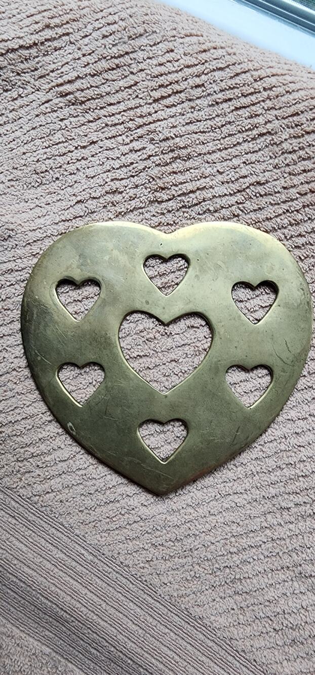 Vintage Solid Brass Heart Trivet Insert Country Farmhouse Decor 5" Heavy Brass